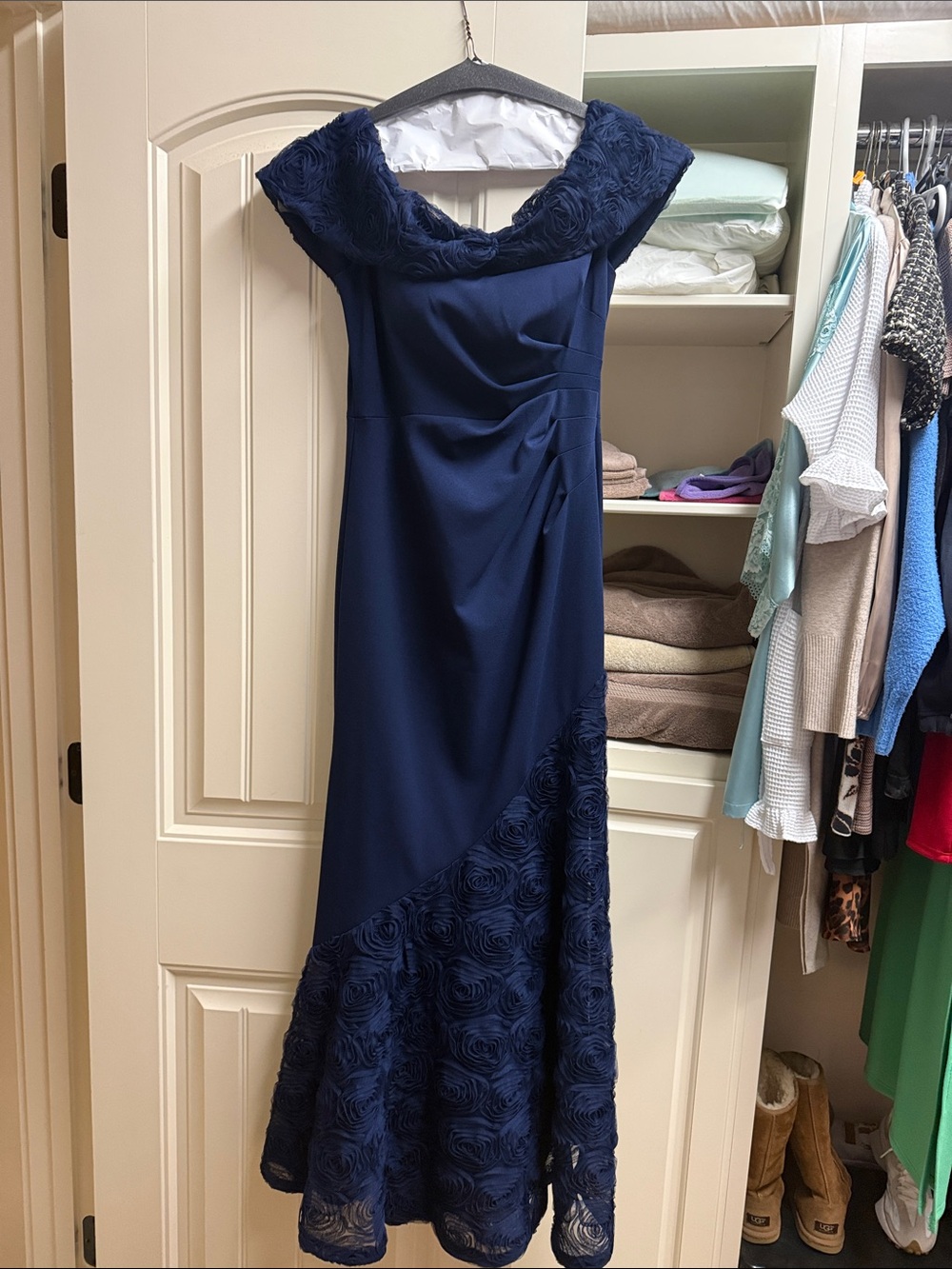Eliza J Navy Off-Shoulder Rosette Trim Maxi Dress